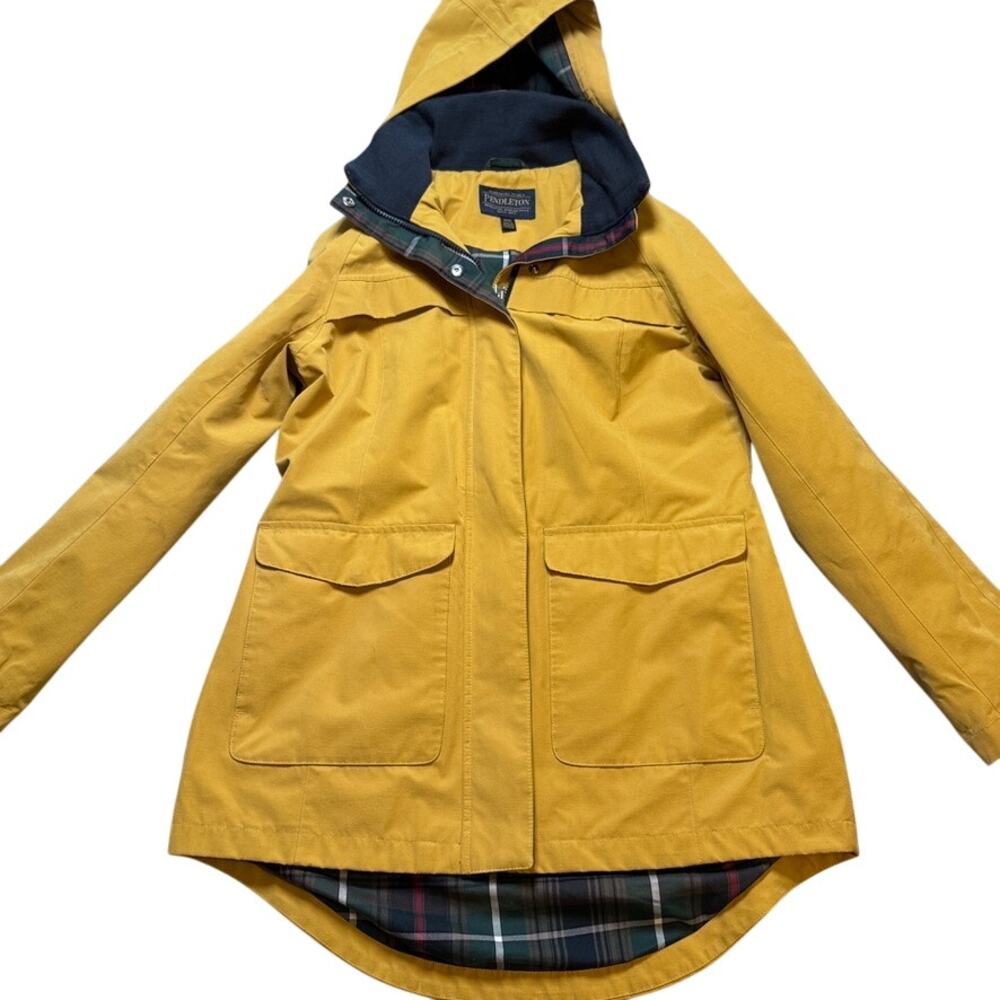 Pendleton Rain Jacket Women M Mustard Yellow Plaid Lined Hooded 1328191